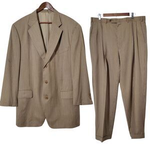 Vintage Samuelsohn 110s Suit Wool Italy Blazer 48L Pants 40x30 Beige Stripe Mens